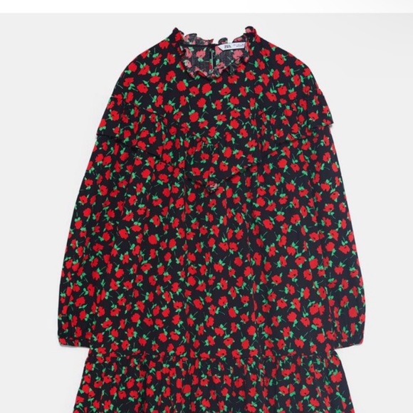 Zara poplin floral ruffle dress xsmall nwt black red - Picture 5 of 10